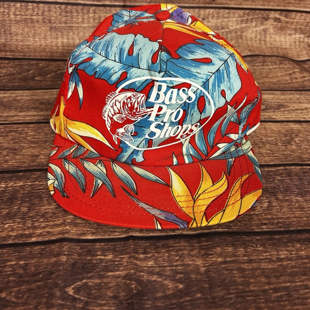 Vintage Bass Pro Shops Snapback Trucker Hat Floral Tropical Print Hawaiian USA